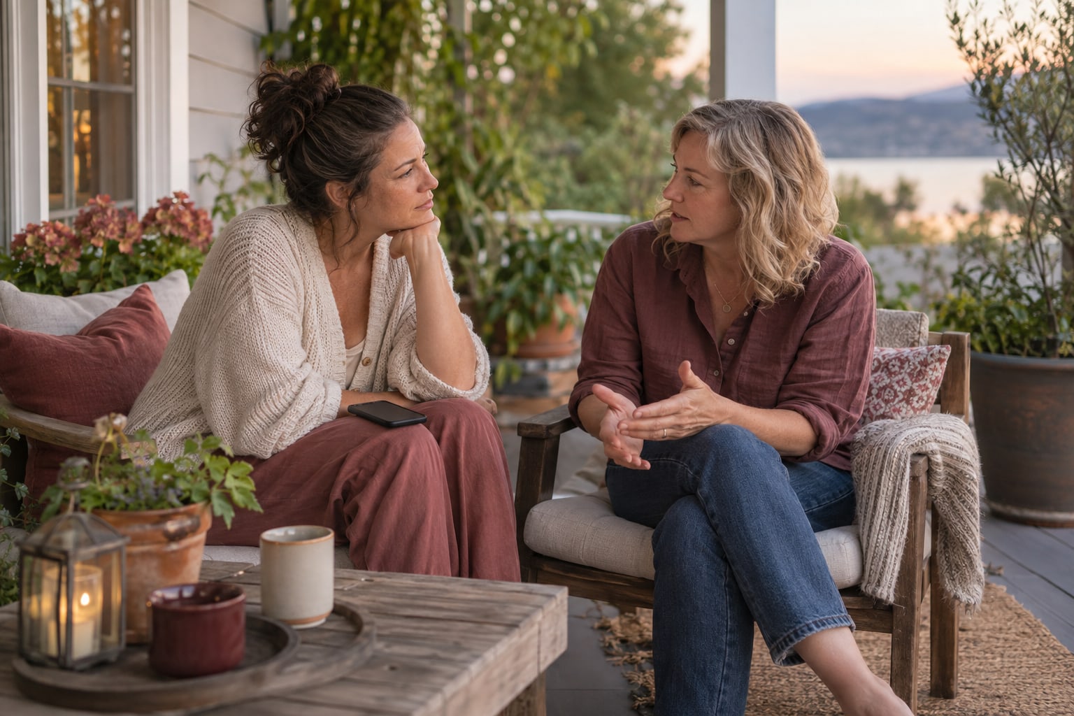 Two women talk together on a porch, with a phone resting on one woman's knee.