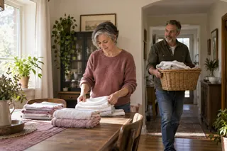 A woman folds towels while a man carries a basket of laundry into the room.