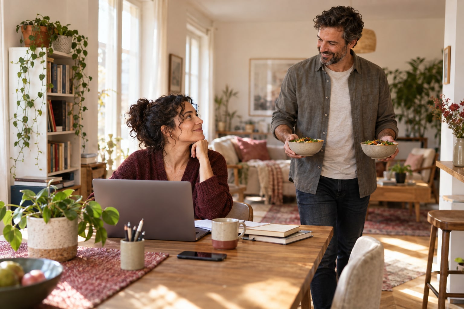 A woman looks up from her laptop as a man brings two bowls of food.