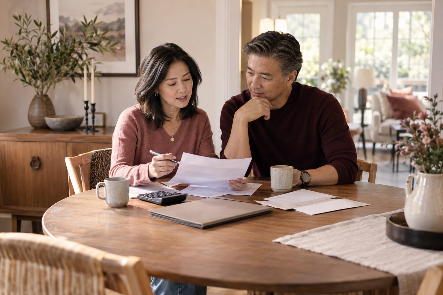 Two adults review papers together at a dining table with a calculator and mugs.