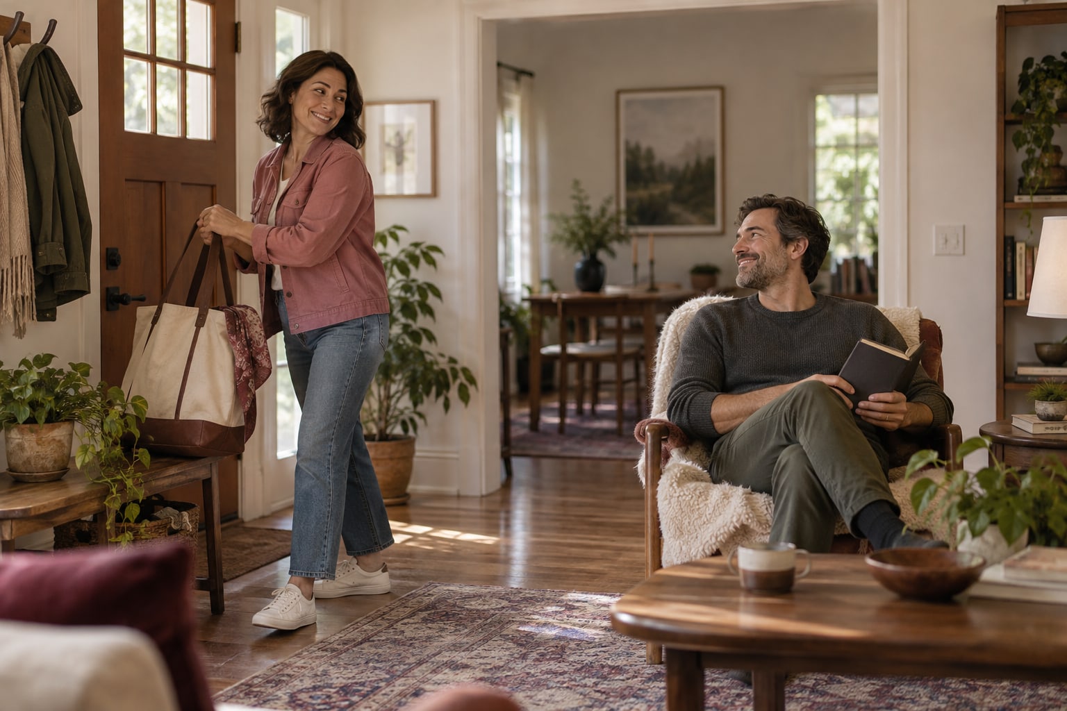 A woman picks up her tote by the front door while a man smiles from a reading chair.