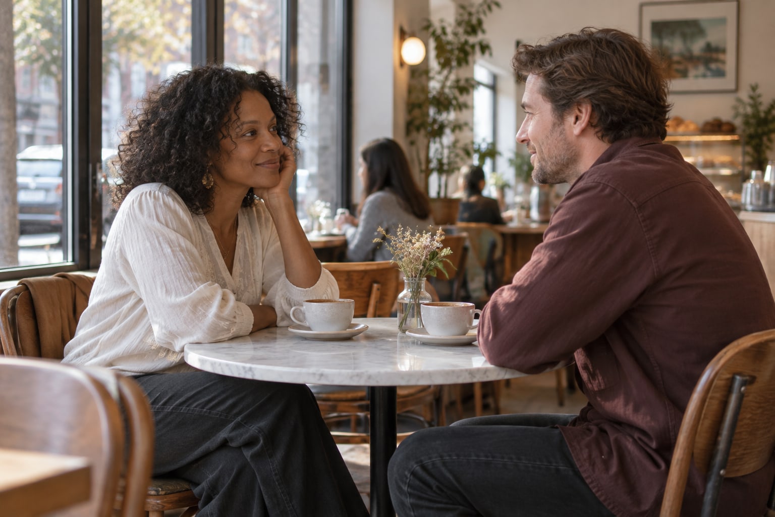 Two adults smile at each other over coffee beside a café window.