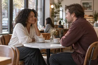 Two adults smile at each other over coffee beside a café window.