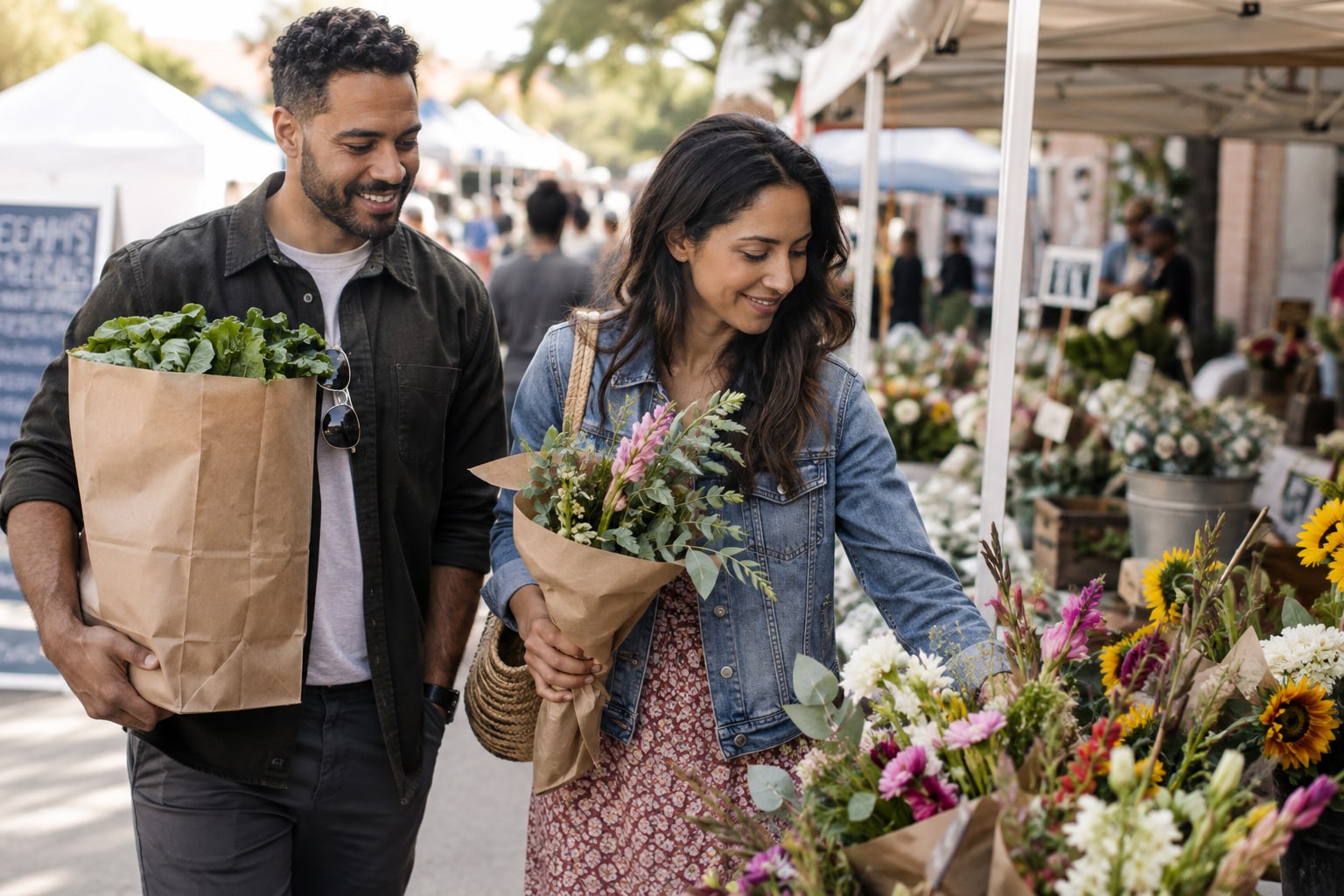 A couple browsing flowers at a neighborhood market.