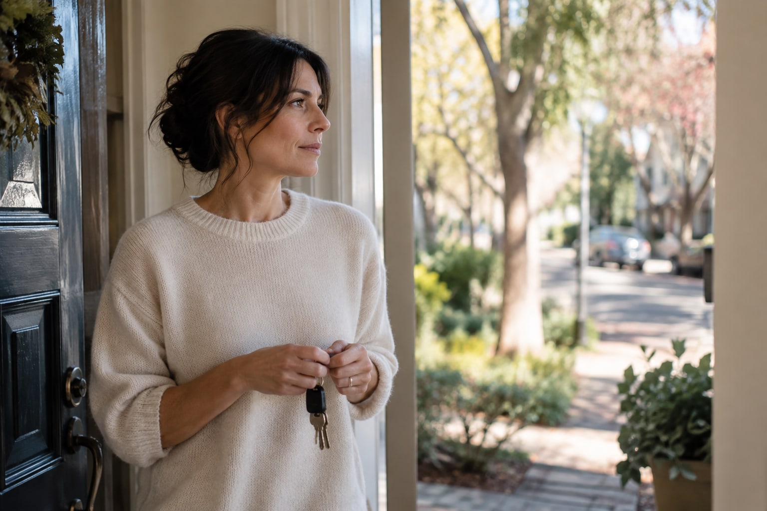 A woman holding keys in a sunlit doorway.