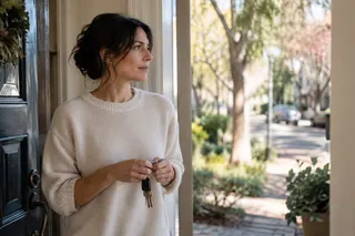 A woman holding keys in a sunlit doorway.