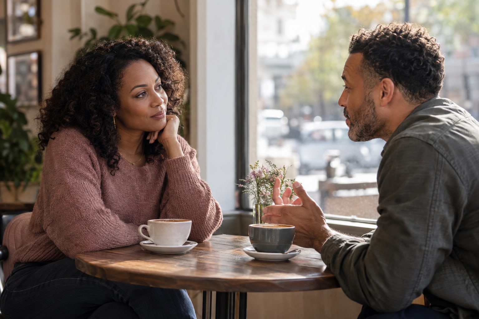 Two adults talking across a cafe table.