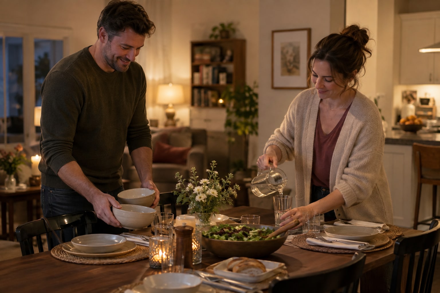 A couple sharing the task of setting a dinner table.