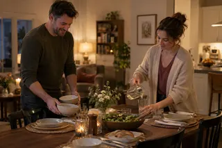 A couple sharing the task of setting a dinner table.
