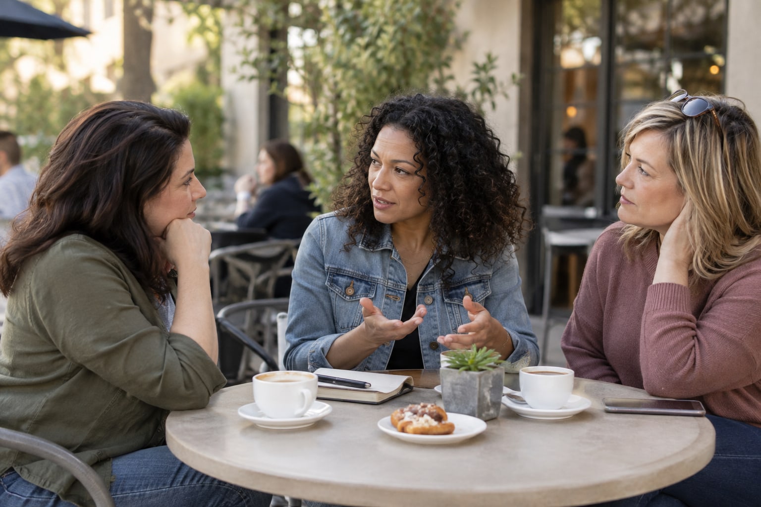 Three women talking together at an outdoor cafe table.