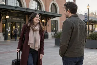 Two adults meeting outside a train station beside a suitcase.