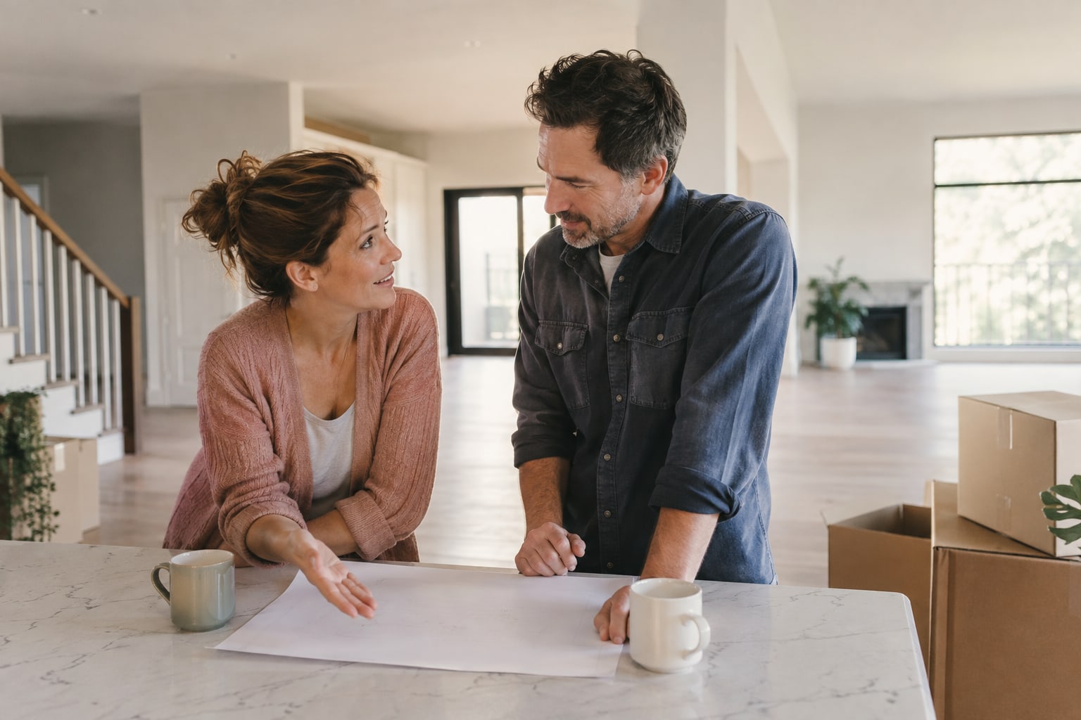 Two adults talking at a kitchen island beside moving boxes.