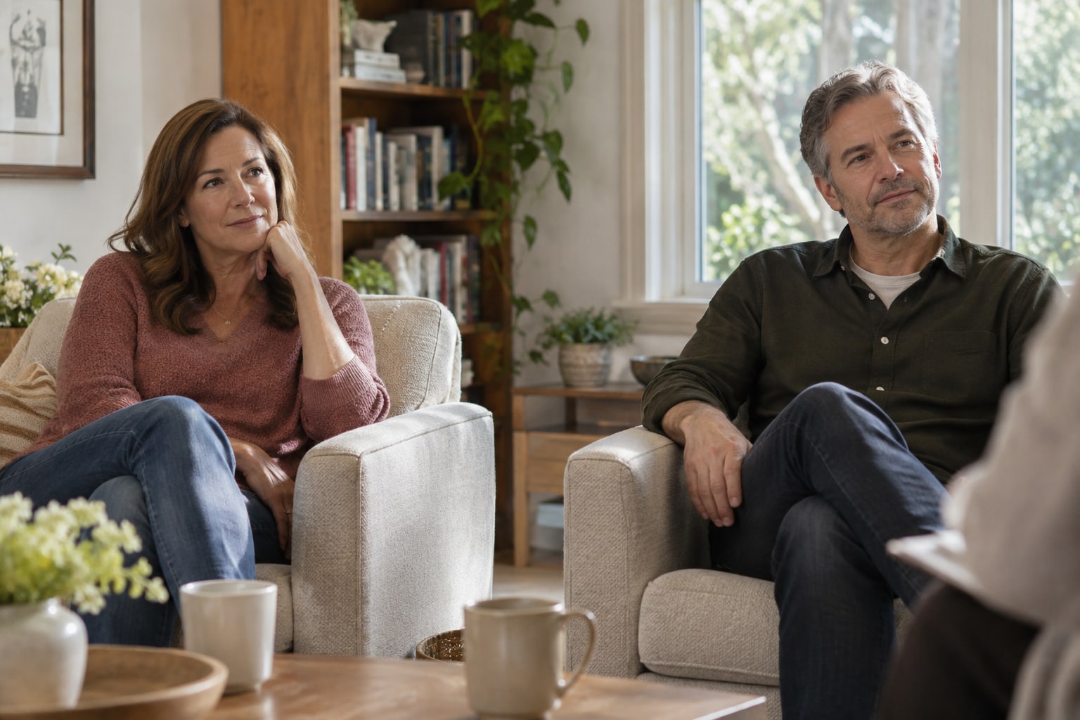 Two adults talking from armchairs in a bright living room.