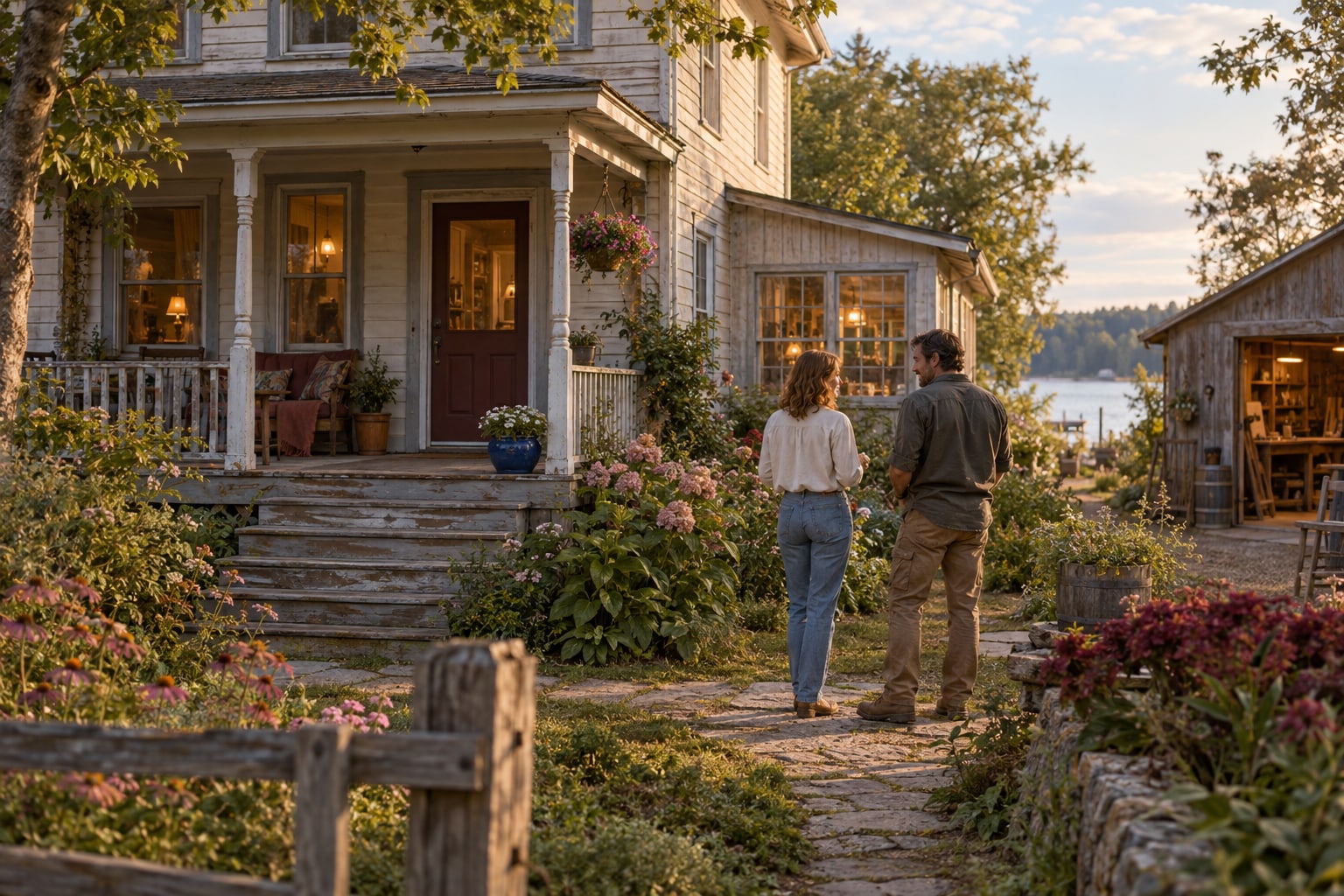 Two adults stand on a garden path beside a weathered wooden house and a small workshop in warm evening light.