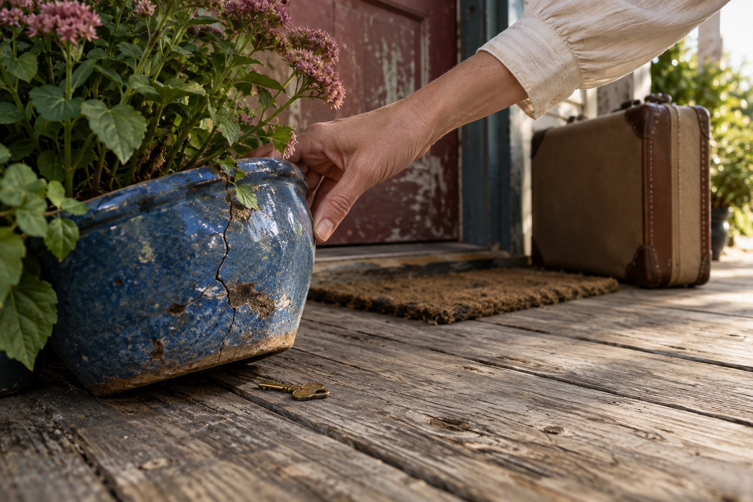 A hand lifts a cracked blue flowerpot above a brass key on a worn porch, with a suitcase beside the door.