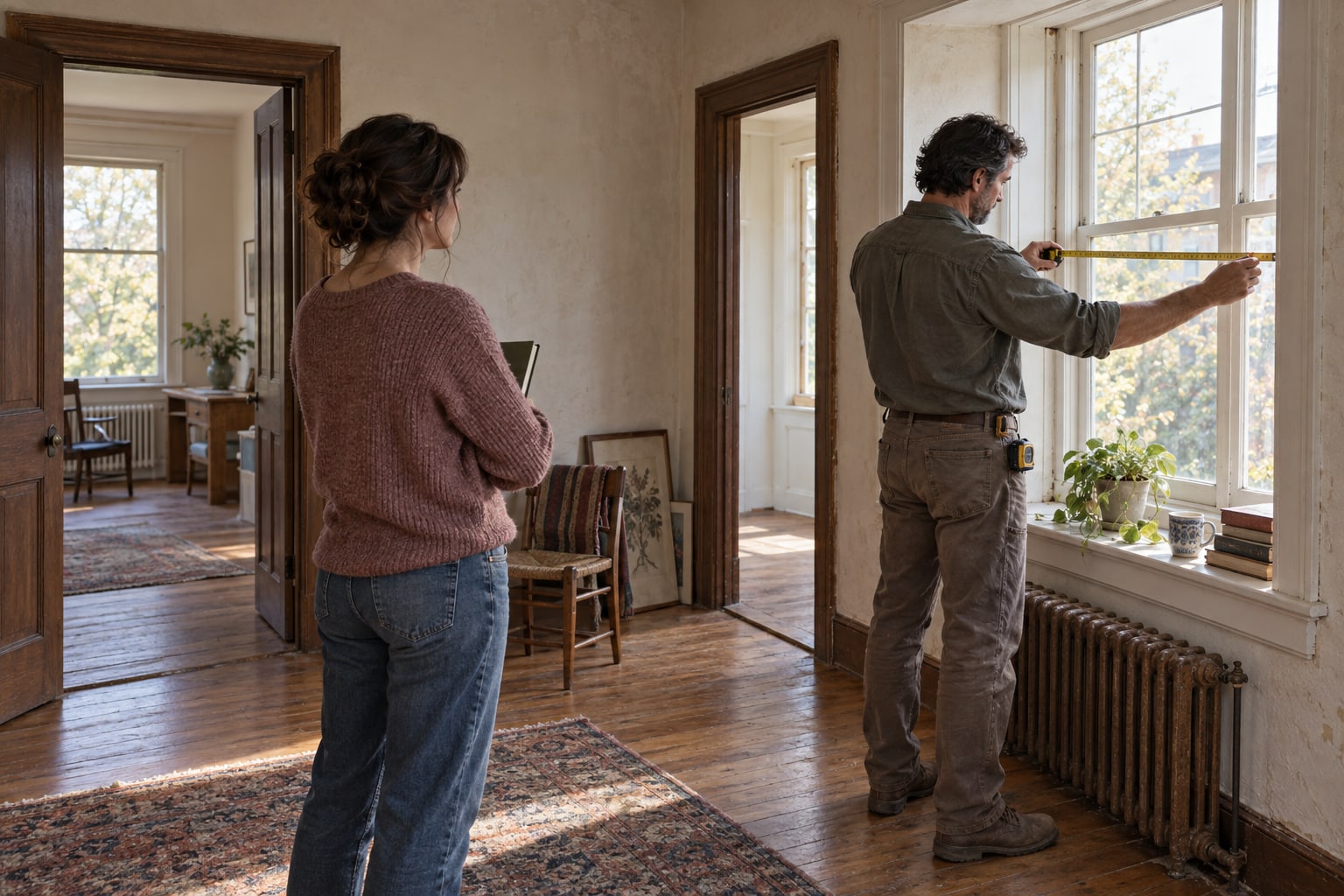 A carpenter measures a sunlit window while a woman watches in an old room with wooden floors and two doorways.