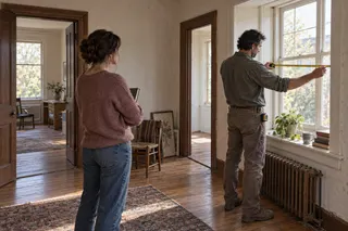 A carpenter measures a sunlit window while a woman watches in an old room with wooden floors and two doorways.
