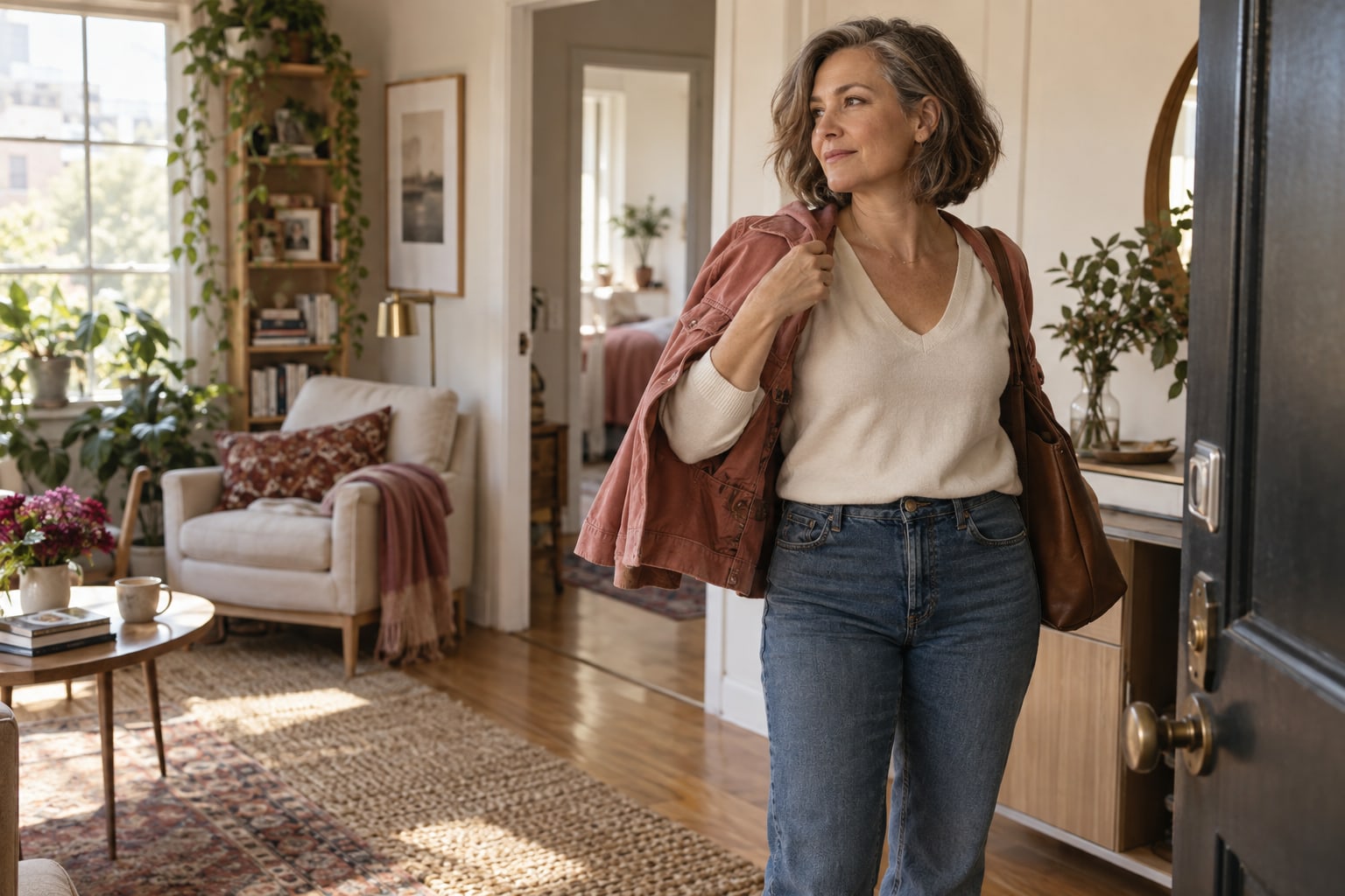 A woman puts on a rose-colored jacket in the doorway of her sunlit home.