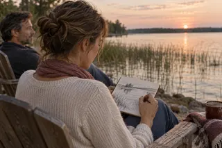 A woman sketches a lakeside view at sunset while a man sits nearby.