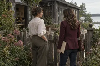 Two women meet beside a weathered garden gate, one holding a plain folder.