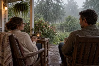 Two adults with mugs sit under a covered porch while rain falls into the garden.