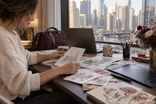 A woman arranges drawings and color swatches on a desk overlooking city buildings.