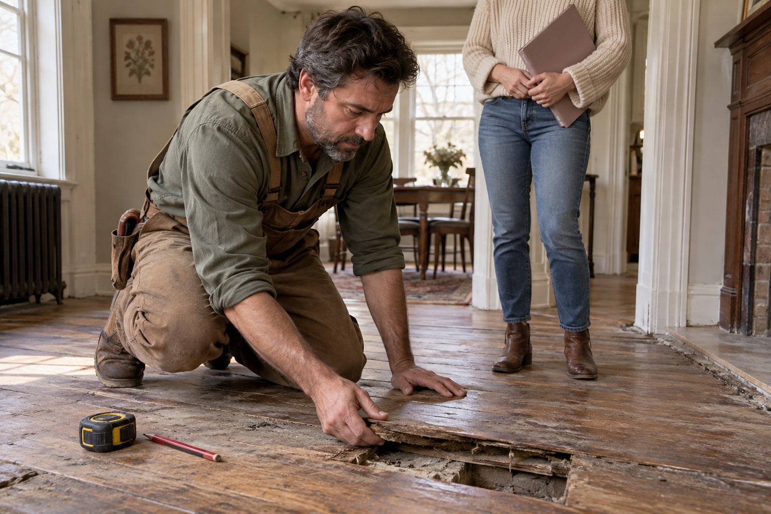 A carpenter examines a damaged floorboard while a woman stands nearby holding a folder.