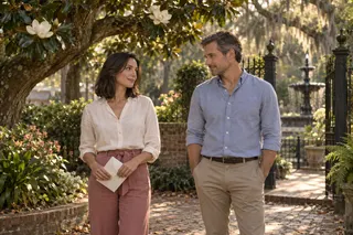 A woman holding a plain envelope and a man stand beneath a magnolia in a sunlit garden.