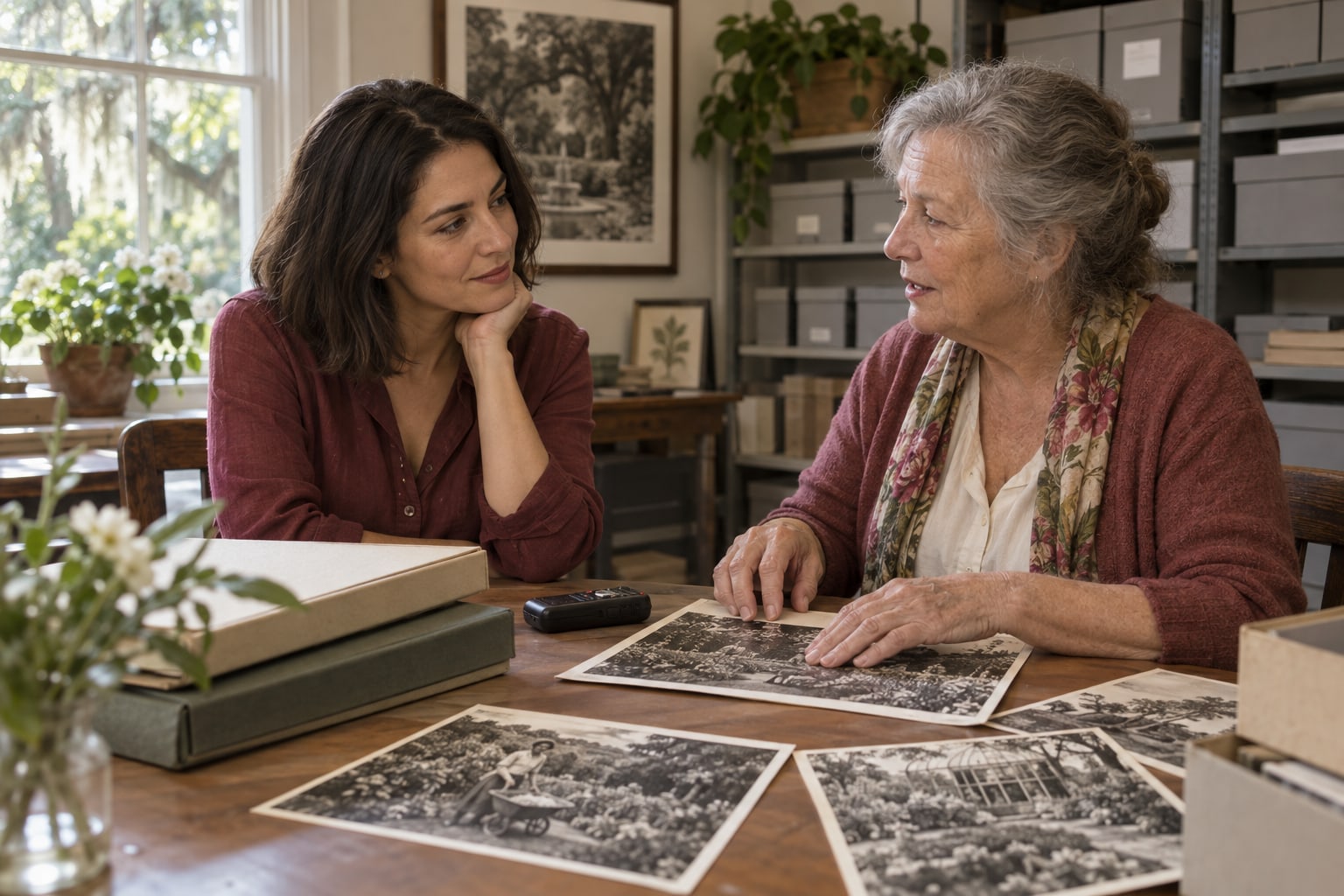 A woman listens to an older volunteer beside historical photographs in a garden archive.