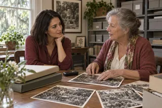 A woman listens to an older volunteer beside historical photographs in a garden archive.