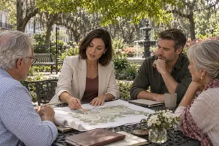 A woman explains a garden site plan to three adults gathered at an outdoor table.