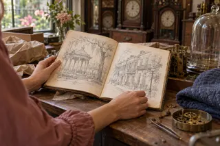 Hands open a book of architectural sketches among clock parts and packing materials in an old repair shop.