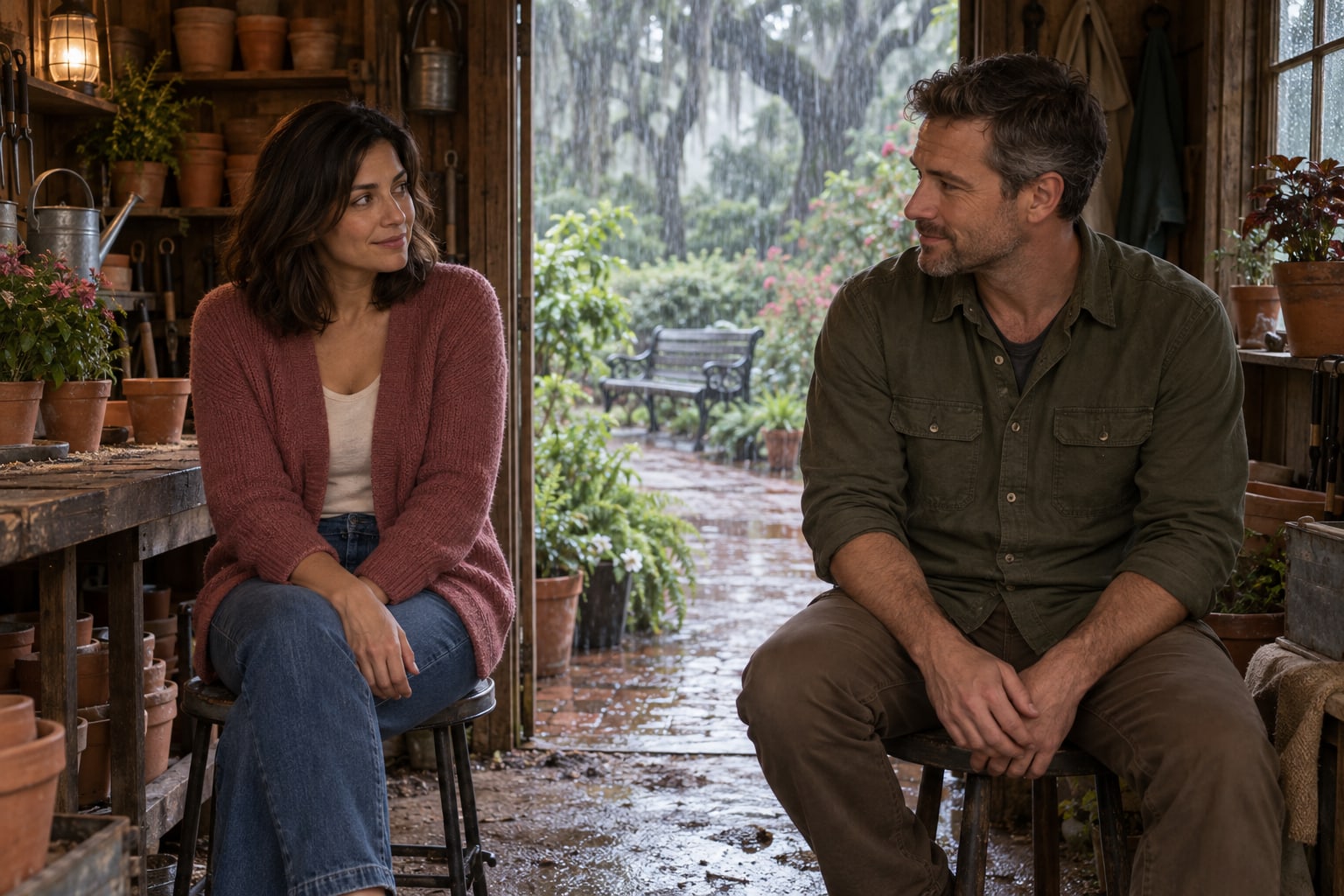 A woman and a man sit apart on stools in a potting shed while rain falls outside.