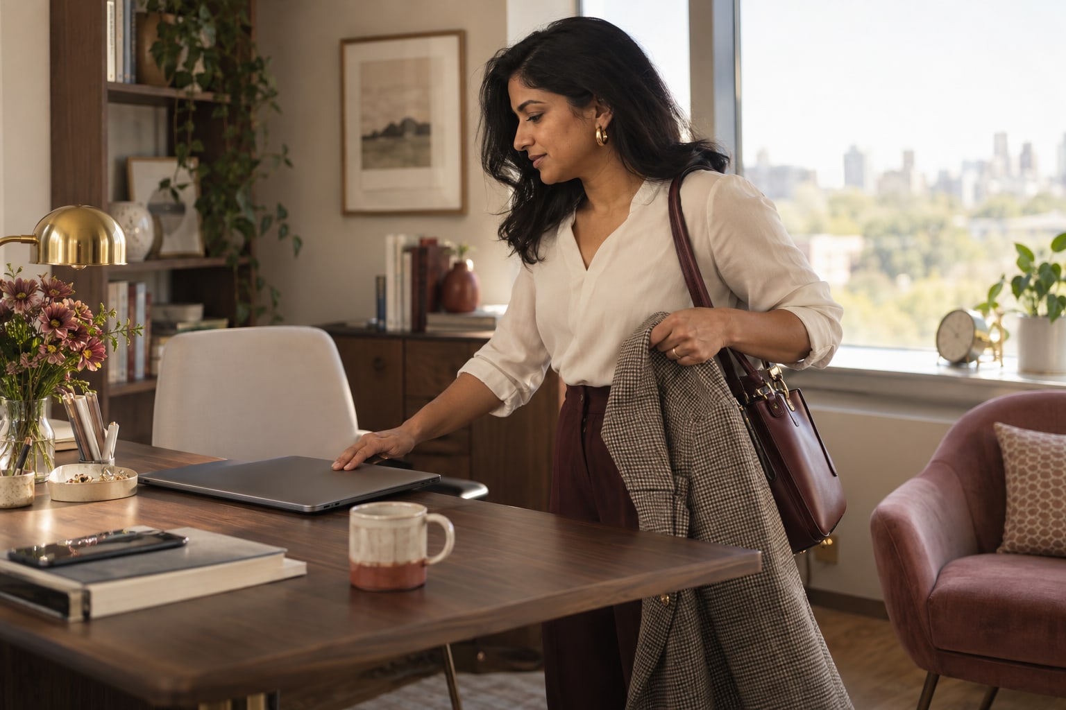 A woman closes her laptop and picks up a jacket beside a sunlit desk.