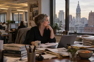 A woman sits at an office desk covered with papers and books, looking toward the city beyond the window.