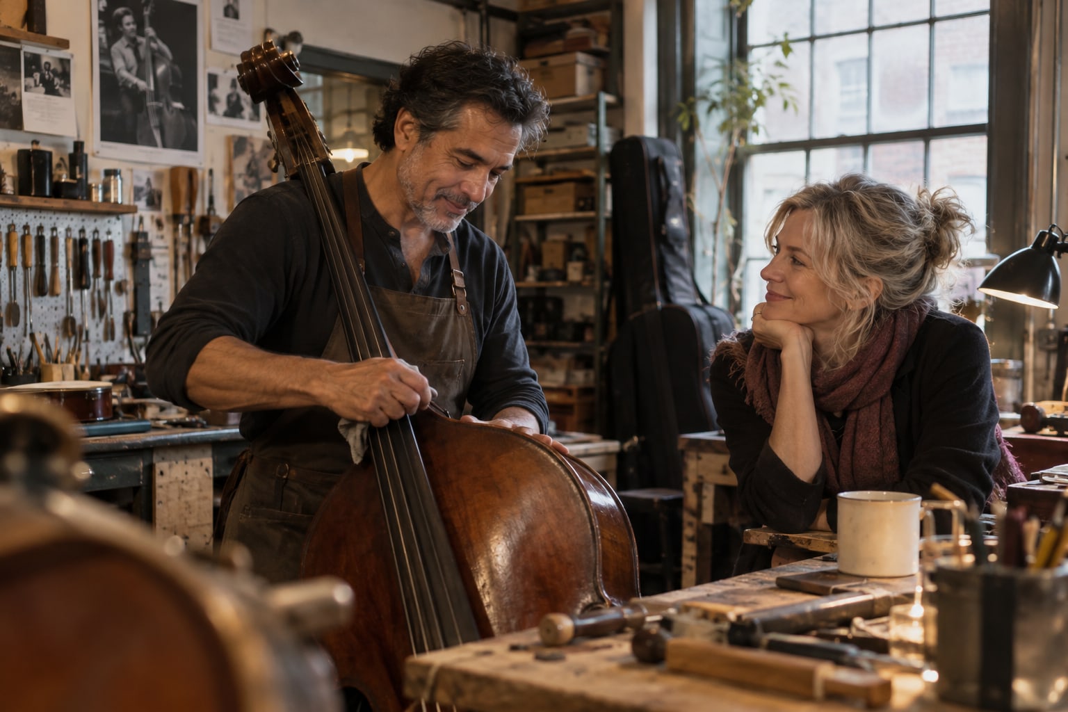 A woman watches a man in an apron work on a double bass in an instrument workshop.