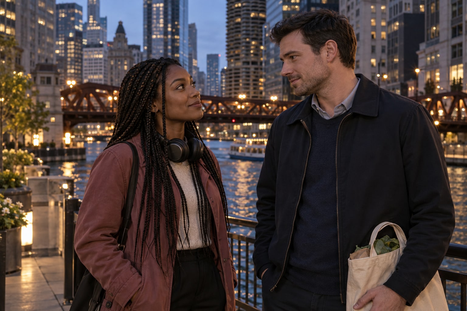 A woman with headphones and a man carrying groceries look at each other beside the Chicago River at dusk.