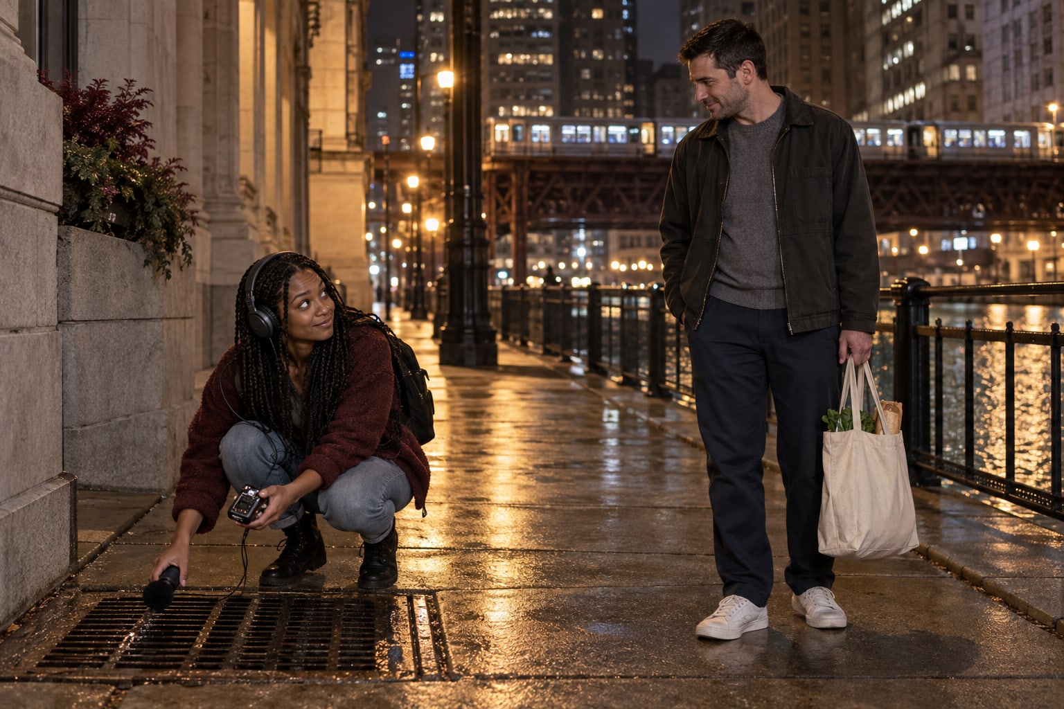A woman records sound near a storm drain while a man carrying groceries pauses beside her on a nighttime sidewalk.
