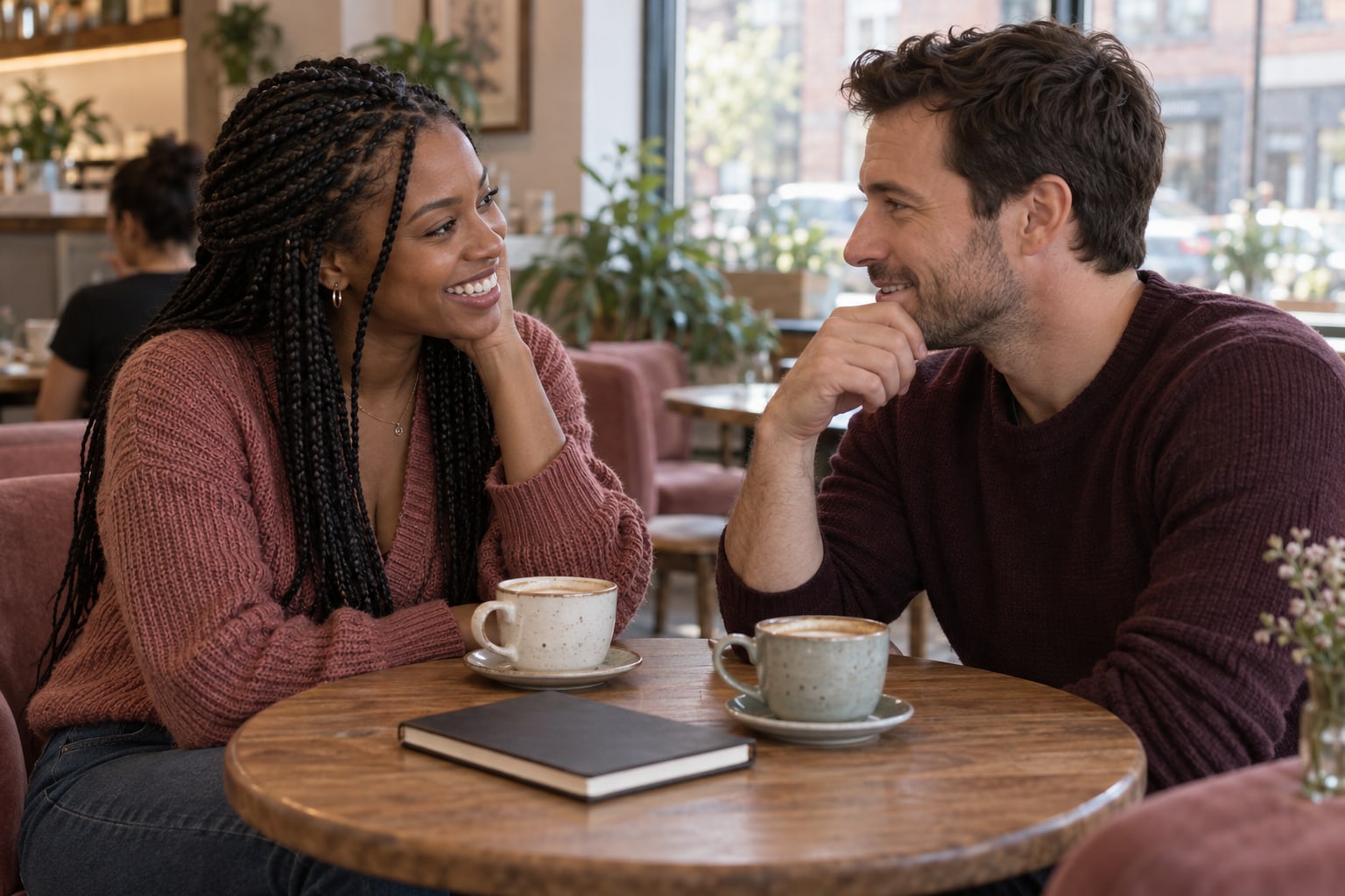 A couple talks over coffee at a small round table in a sunlit cafe.