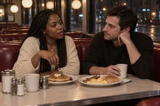 A couple shares pancakes, eggs and coffee in a diner booth at night.
