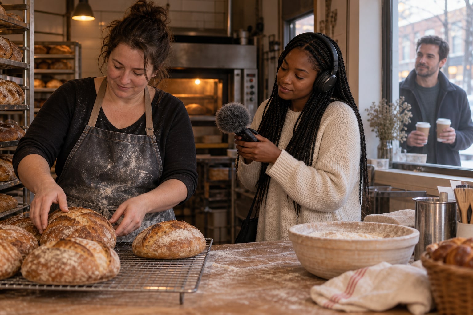 A woman records sound as a baker sets out fresh bread, with a man holding coffee by the window.