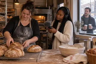 A woman records sound as a baker sets out fresh bread, with a man holding coffee by the window.