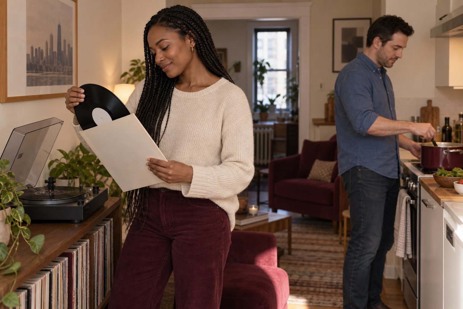 A woman selects a vinyl record while a man cooks in a small apartment kitchen.