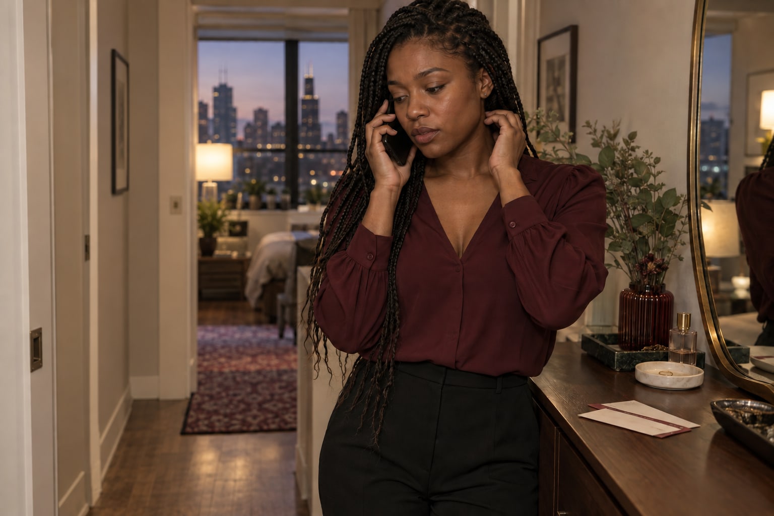 A woman in a wine-colored blouse takes a phone call beside a mirror and a pair of concert tickets.