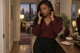 A woman in a wine-colored blouse takes a phone call beside a mirror and a pair of concert tickets.