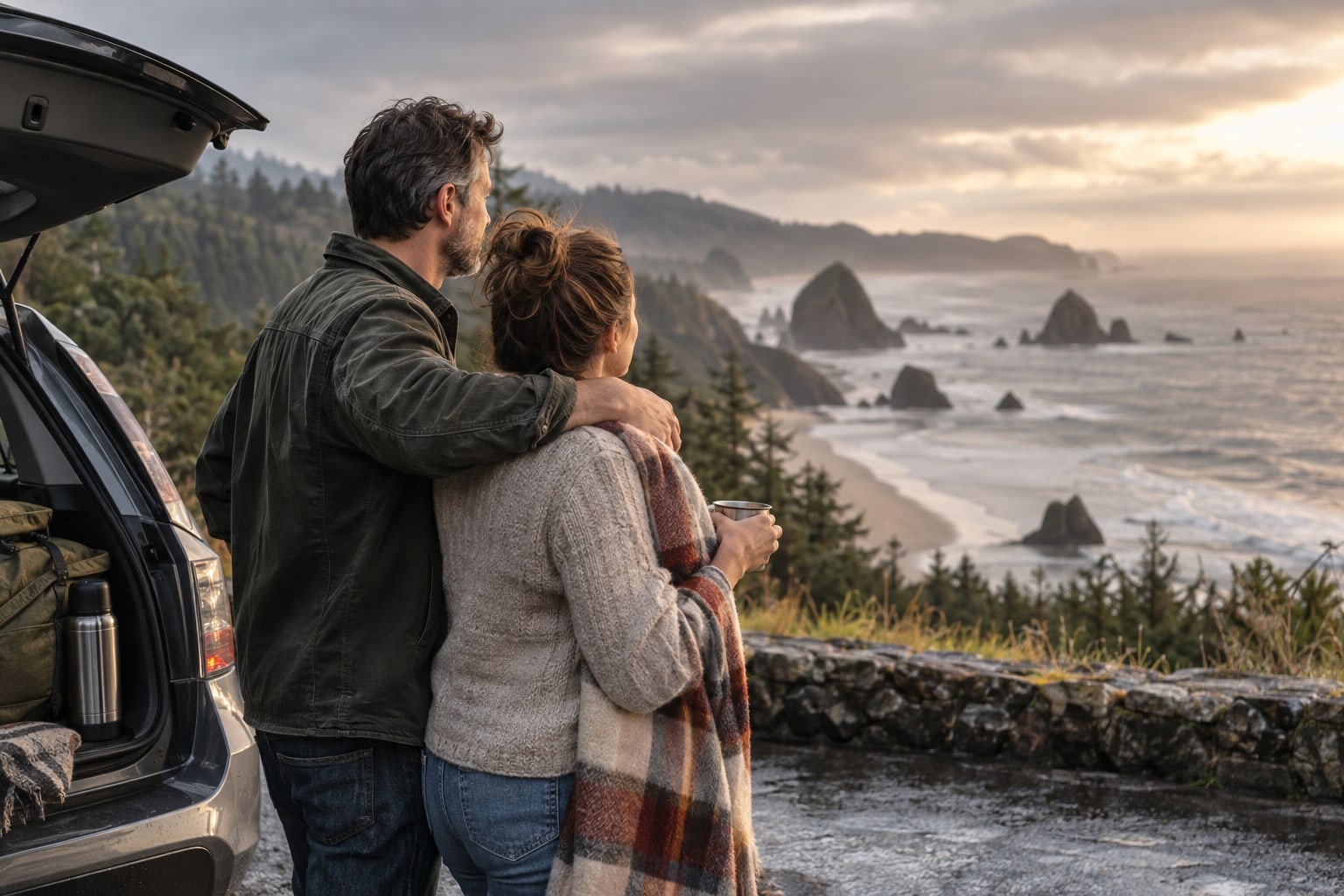 Two adults stand close beside an open car trunk, looking over a rocky coastline at sunset.