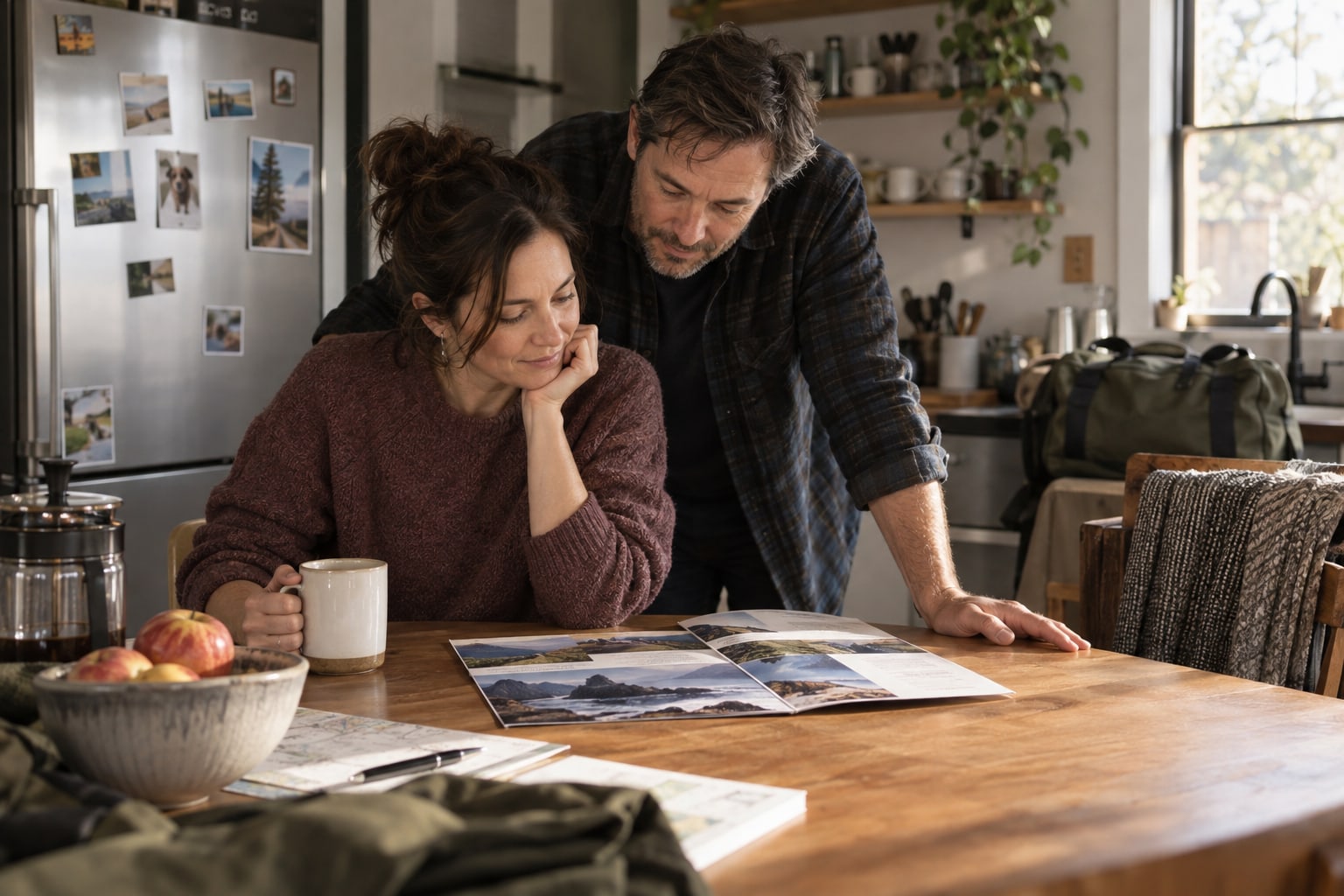 Two adults look through a travel brochure together at a kitchen table.