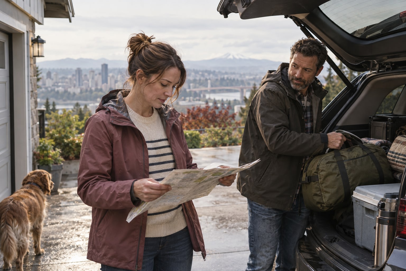 A woman studies a paper map while a man loads a duffel bag into a car outside a house.