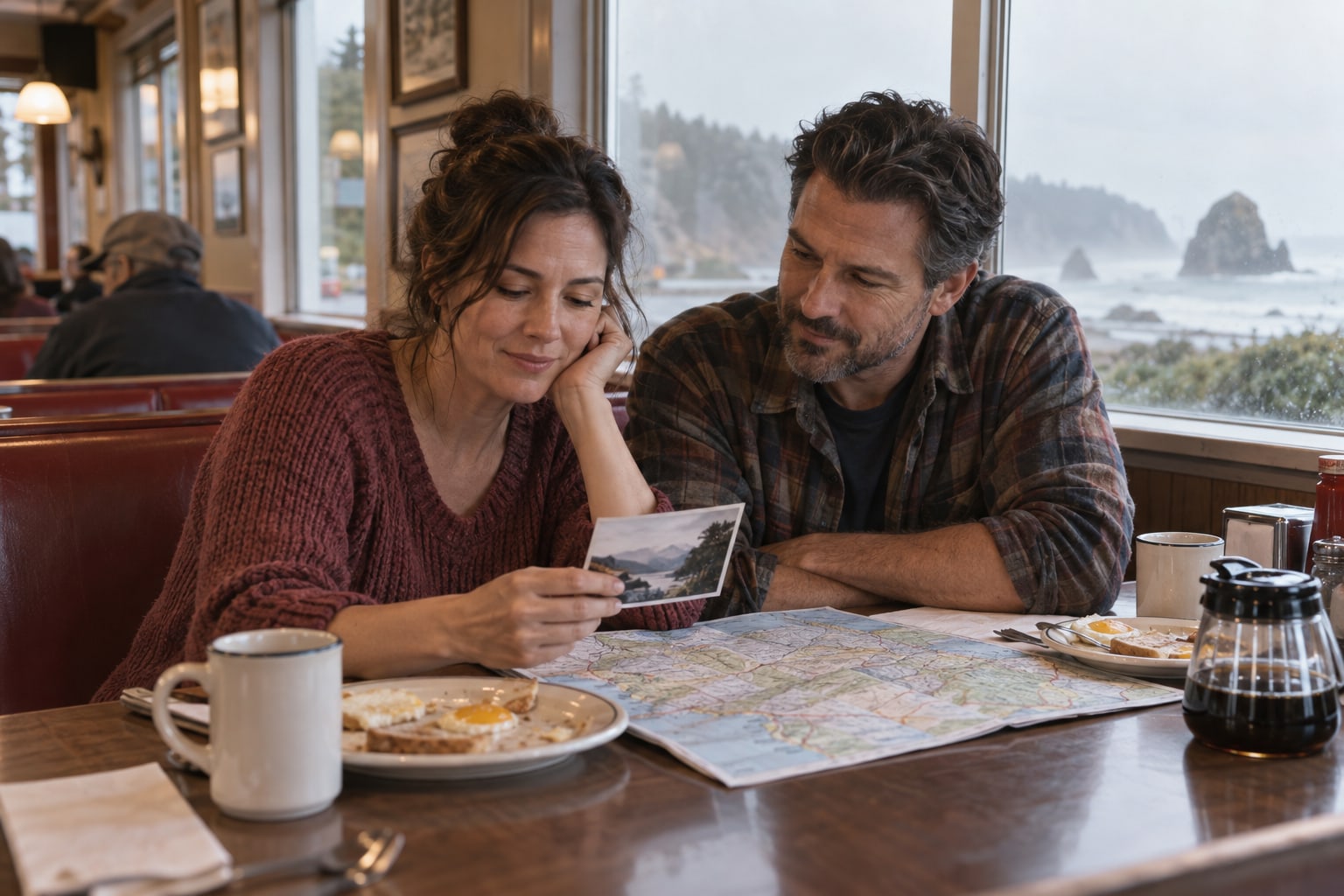 Two adults look at a photograph over breakfast, with a paper map spread across their seaside diner table.