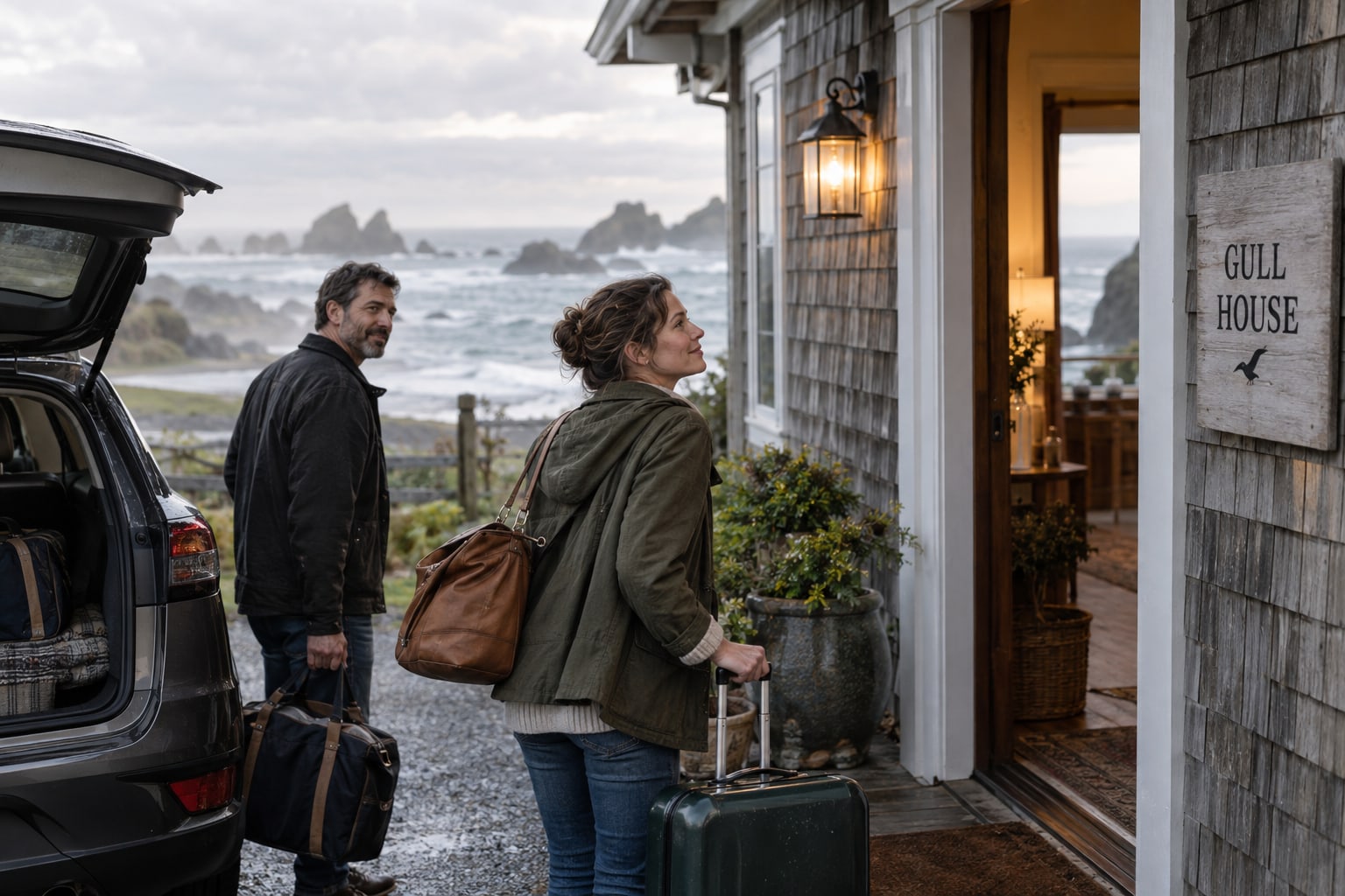 Two adults arrive with luggage at the open doorway of a shingled house overlooking the ocean.